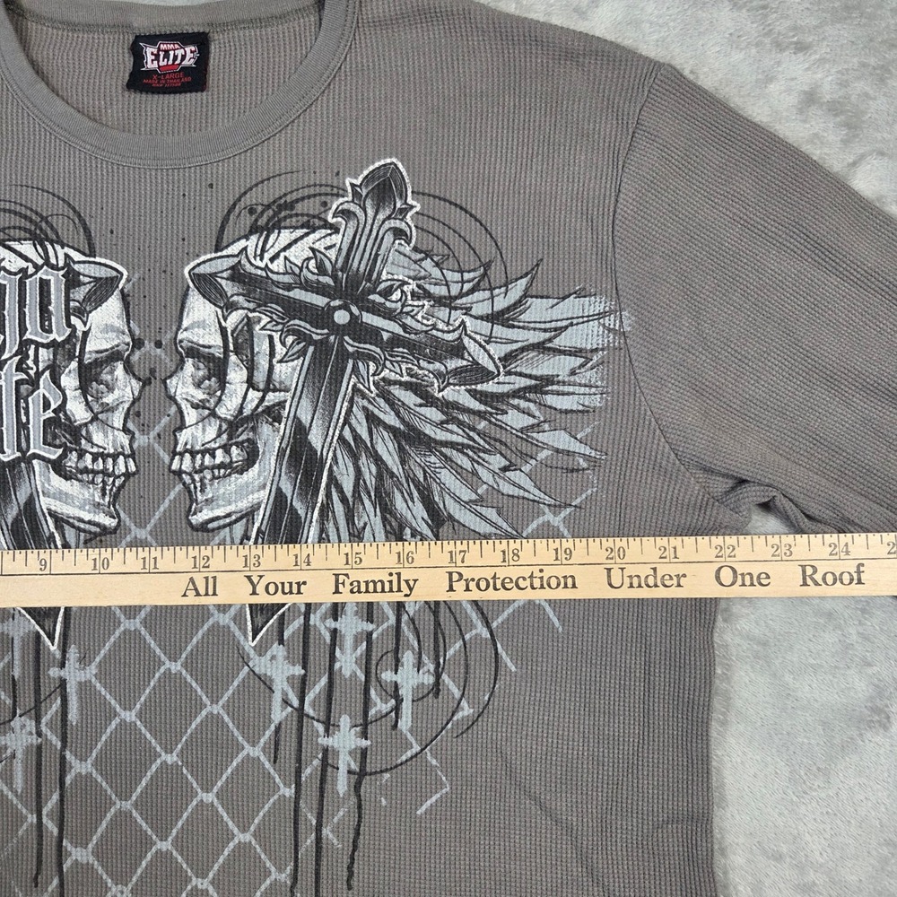 MMA Elite Mens XL Gray Waffle Knit Thermal Graphic Y2k Shirt Skulls Crosses Punk - Picture 4 of 10
